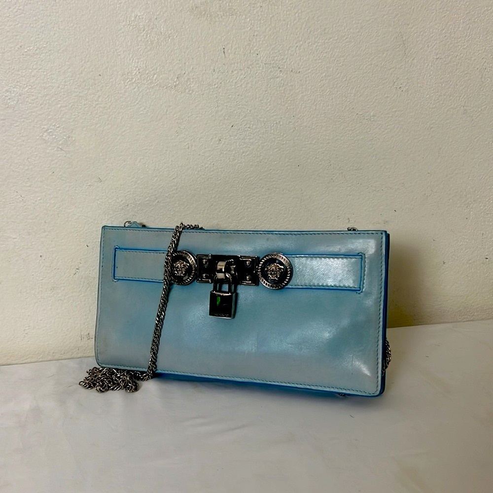 Versace Women’s Baby Blue Clutch Medusa Distressed Leather. W/COA